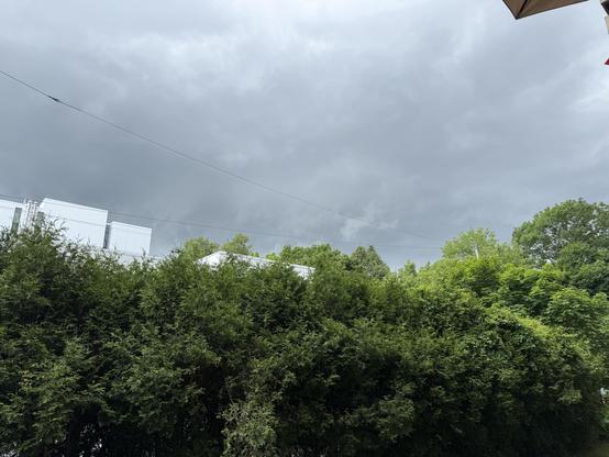 Heavy dark grey storm clouds hang above green shrubs and trees
