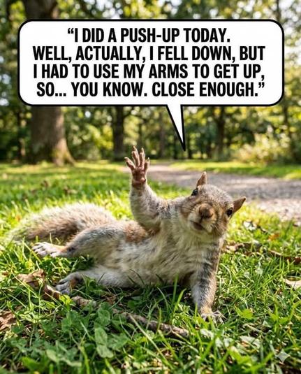 Grey squirrel reclining on grass in a park, raising one paw. A speech bubble contains a joke: “I did a push-up today. Well, actually, I fell down, but I had to use my arms to get up, so... you know. Close enough.”