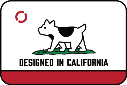 The Designed in California enamel pin design of a bear with cow spots (akin to Clarus the Dogcow) on a version of the California state flag