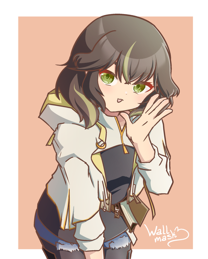 Anime style art of Sphene from Final Fantasy XIV. a girl with short brown hair with a few green colored strikes. She wears a black shirt and a grey hooded coat, denim shorts and black leggings. She is leaning forwards and has her left hand open near her face and a small smile as she looks at the viewer. This art was made as requested by @akarirho@gamepad.club for an art event prize.
