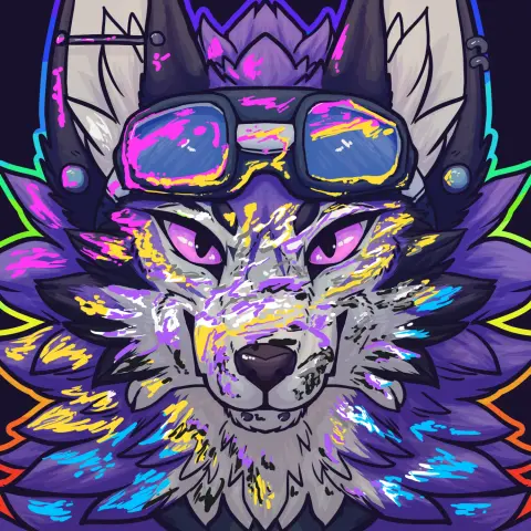 A novabeast with purple and white fur covered in paint resembling two different pride flags: pansexual pink, yellow and blue along the purple fur and nonbinary yellow, white, purple and black along his white fur.