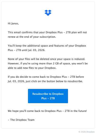 Screenshot of the Dropbox Plus cancellation email.