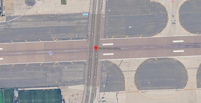A screenshot from Google Earth showing Winston Churchill Avenue which runs across the runway of Gibraltar Airport.