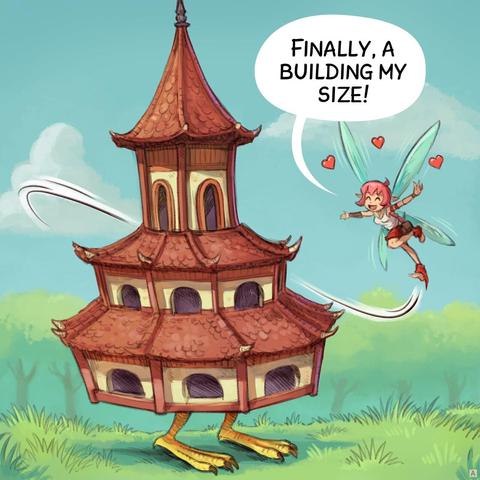 Panel 1. The Pink-Fairy is thrilled and fly with a large smile around the little pagoda on her chicken feet.   
> Pink-Fairy: "Finally, a building my size!"