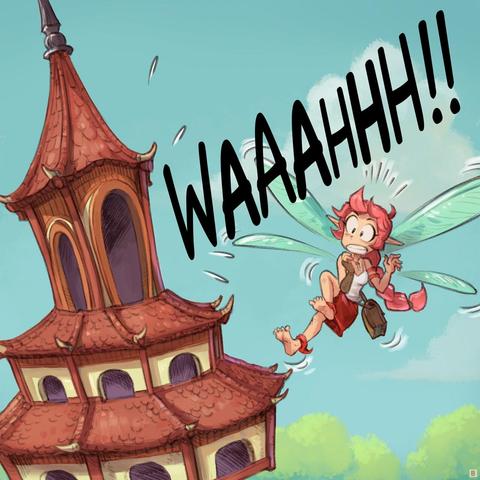 Panel 2. Same shot but closer: the pagoda screams like a baby at full volume. The Pink Fairy wasn't expecting that much noise and fly back in surprise, shocked.  
> Baby Pagoda: "WAAAAAAHHHHHHH!!!!"
