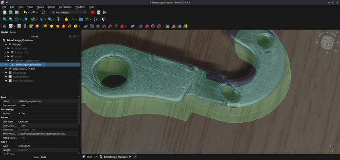 Screenshot of the FreeCAD interface.
A green transparent 3D model was created on top of a reference photo