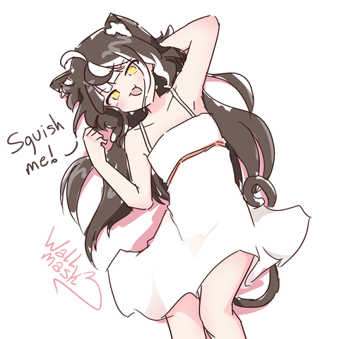 A girl is lying on the floor as she orders the viewer with "Squish me!". The girl is my original character Koro, a cat girl with yellow eyes, very long black hair and a few strikes of white hair around her bangs, cat ears and a tail, and wears a white dress. She rests her head on her left hand.