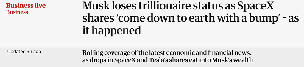 Headline from the Guardian's current live business feed, "Updated 3h ago"

Musk loses trillionaire status as SpaceX shares ‘come down to earth with a bump’ - as it happened

Rolling coverage of the latest economic and financial news, as drops in SpaceX and Tesla’s shares eat into Musk’s wealth