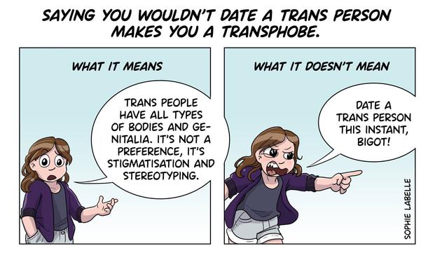 two frame comic titled Saying you wouldn't date a trans person makes you a transphobe. first frame reads ''what it means'' and shows Stephie saying: Trans people have all types of bodies and genitalia. it's not a preference, it's stigmatisation and stereotyping. second frame reads ''what it doesn't mean'' and shows Stephie angrily pointing and saying : date a trans person this instant, bigot!