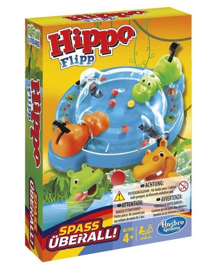 Promotional photo of the box of the children's game 'Hippo Flip', known as Hungry Hungry Hippos in English.