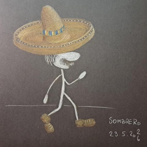 Farbstift-Zeichnung eines nach rechts laufenden Strichmännchens mit einem Sombrero auf dem Kopf. Gezeichnet auf schwarzem Karton