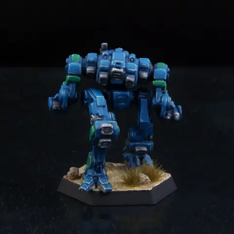 A rear view of a painted miniature of a Viper 'Mech.  It is blue with green highlights.
