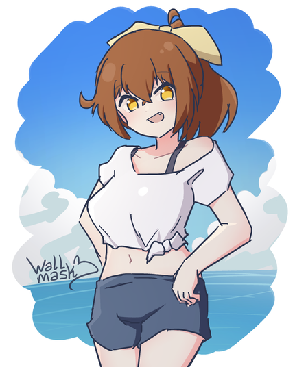 Digital anime style doodle of a girl in front of a blue sky over the ocean. The girl has hands on her hips as she smiles at the viewer with a visible fang. The girl is my original character Haruka, she has yellow eyes and brown hair tied with a yellow bow in high ponytail, wears a tied white shirt and blue shorts. Underneath the shirt, black straps from another clothing are visible.