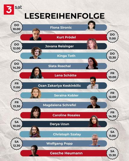 Grafik zeigt kleine Portraits der Lesenden. Oben links das 3sat-Logo. Lesereihenfolge:
Donnerstag: 
10:00Uhr: Fiona Sironic
11:00Uhr: Kurt Prödel
12:00Uhr: Jovana Reisinger
13:30Uhr: Kinga Thot
14:30Uhr: Slata Roschal
Freitag:
10:00Uhr Lena Schätte
11:00Uhr: Ozan Zakariya Keskinkilic
12:00Uhr: Seraina Kobler
13:30Uhr: Magdalena Schrefel
14:30Uhr: Caroline Rosales
Samstag:
10:00Uhr: Derya Uzun
11:00Uhr: Christoph Szalay
12:30Uhr: Wolfgang Popp
13:30Uhr: Gesche Heumann