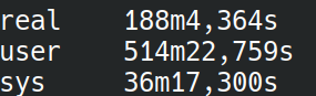 real    188m4,364s
user    514m22,759s
sys     36m17,300s