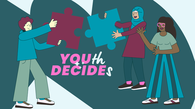 Schriftzug: YOUth DECIDEs, drei Menschen sind zu sehen - sie halten zum Teil Puzzlestücke
