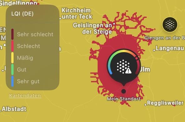 Karte der Luftqualität. Alles ist gelb, also mäßig. An meinem Standort ist es tief rot, also schlecht.