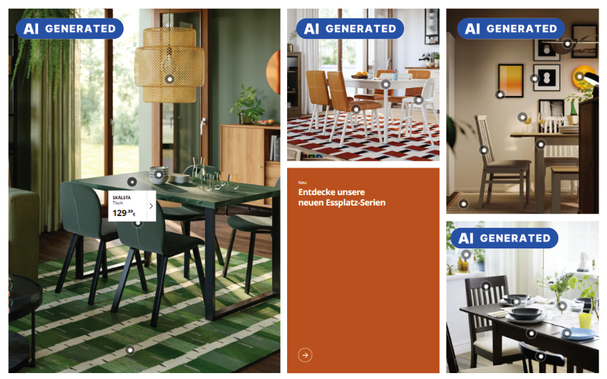 Deutsch: Screenshot der Webseite eines großen Europäischen Möbelunternehmens, jedes Bild mit dem Hinweis "KI-Generiert" versehen.

English: Screenshot of a website from a big European furniture company, every picture labeled with "AI-Generated".