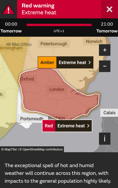 Another UK Met Office red weather warning, this one from 0000-2100 Friday and covering England south and east of Oxford. This includes all 6 million people in Greater London.