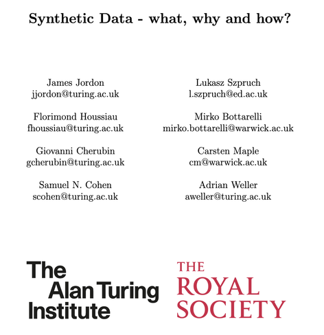 Title page of recommend paper linked in post: Synthetic Data - what, why and how?