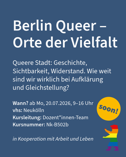 Blaues Motiv „Berlin Queer – Orte der Vielfalt“ mit Kursdaten und Regenbogen-Bär unten rechts.