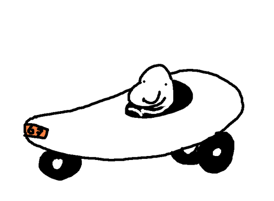 ms paint doodle of a jelly bean-shaped vehicle with 3 wheels, an orange license plate, no doors or lights, just an open-roof seat for a driver