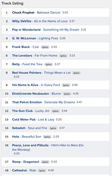 The track listing of the CD, featuring artists like Chuck Prophet, Frank Black, Belly and Sebadoh.