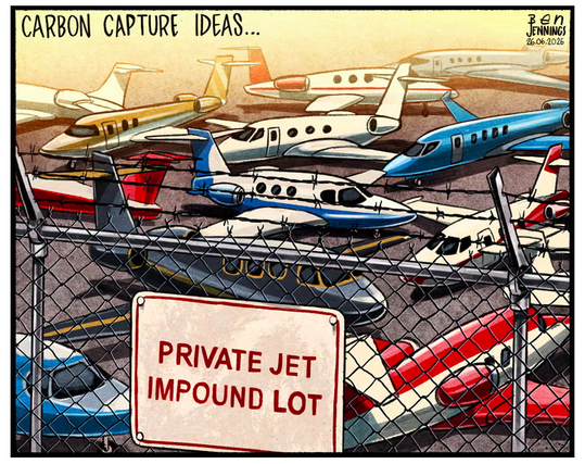 Cartoon: Carbon Capture Ideas... shows reinforced wire fence with airplanes clustered behind it and a sign that reads: 'Private Jet, Impound Lot'