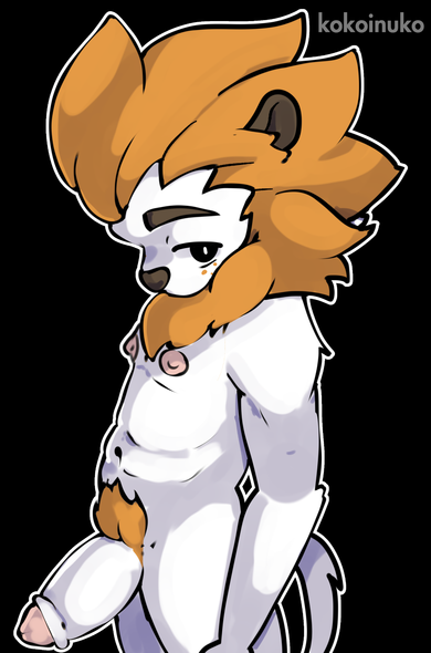 drawing of an anthro male lion with a thick orange mane. his entire body is white, except for ears, brows and nose that are white; and the pubes that are orange. he's looking from below with a neutral expression, exposing his thick and erect dick