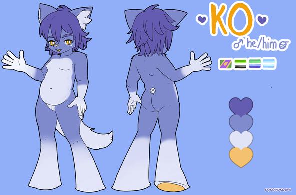 refsheet of my sona, showing front and back view of my cat. he's mostly blurple, with white ear tufts, arms (below elbow), legs (below knee), tail and torso. he has yellow eyes with white pupil, and yellow pawpads under the wide furry feets. his hair is shoulder length and messy, kinda like an average anime catboy. next to that his name, pronouns and a bunch of pride flags (salmacian, aromantic, gay and male), under that his palette