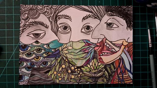 A watercolour and coloured pen drawing of three faces, their lower halves surreal and colourful distortions with too many eyes and visible jaw bones