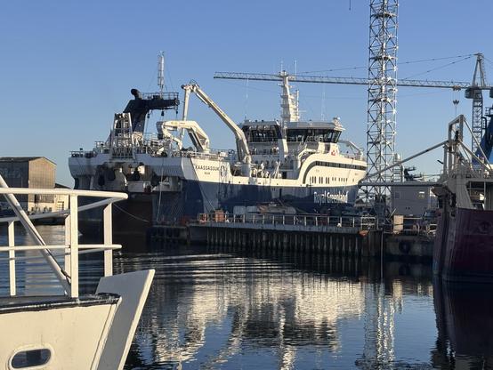 A fishing vessel named "Kaassassuk" is docked at a harbor, with the text "Royal Greenland" visible on its side. The scene features calm waters reflecting the ship and nearby structures, including cranes and warehouses. The sky is clear