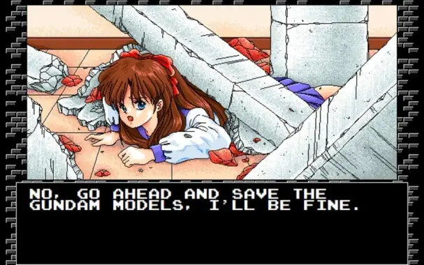 VN girl getting crushed by debris with a distressed expression on her face, captioned "no, go ahead and save the gundam models, I'll be fine"