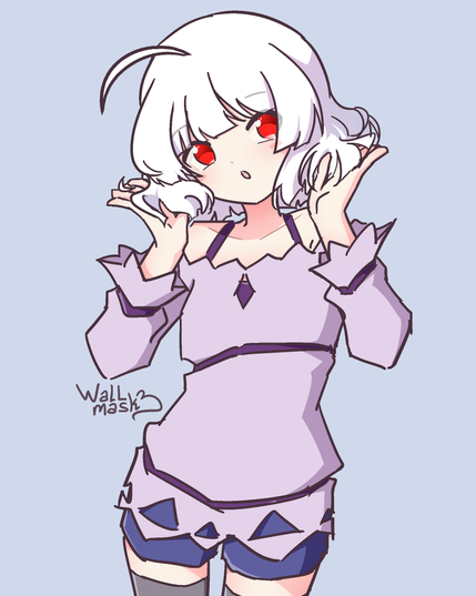 A girl with red eyes and short white hair, playing with her hair with both her hands. The girl is my original character Ayu, wearing a bare shoulders light purple shirt, blue shorts and black thighhighs. She is looking to the side, with her mouth open shaped like a small "o".