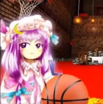 patchouli knowledge, who is indeed ballin, she's in the scarlet devil library and there's a basketball hoop behind her and a comically large basketball in front of her
