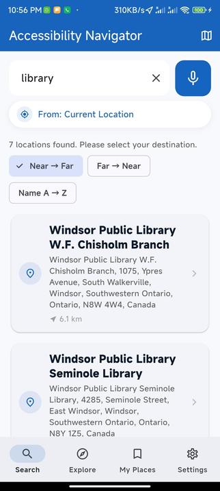 The Accessibility Navigator search screen. The word library brings up several results that can be navigated to from the user's current location.