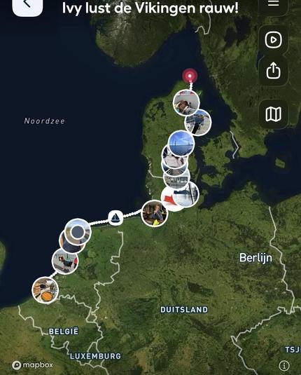 A digital map showing a route along the coastline of northern Europe, featuring various points marked by images. Key locations include the North Sea and cities such as Berlin, with labels for Belgium, Luxembourg, and Germany visible.