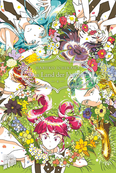 Cover zu Band 4 von Das Land der Juwelen.
Dargestelt sind Bixbit, Rutil, Alexandrit, Obsidian und Phos, die im Kreis in einer Wiese liegen und mit Blumenketten verziert sind.