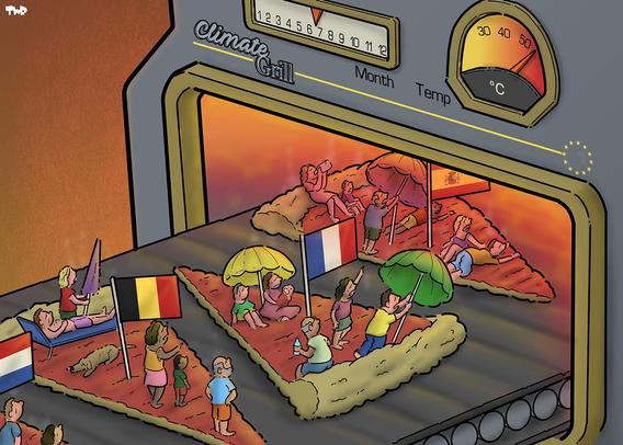 Cartoon showing a large, open grill with a conveyor belt guiding slices of pizza into it. The open grill looks like a face with a yawning mouth, glowing red. The 'eyes' of the grill are gauges, one showing the month of the year (June), the other showing the temperature (50°C). A label reads 'Climate grill'. The pizza slices have the flags of Spain, France, Belgium and the Netherlands in them. Spain is already under the grill, and the other countries are already felling the heat as they move closer. People standing on the pizza slices are cowering under parasols to try and protect themselves.