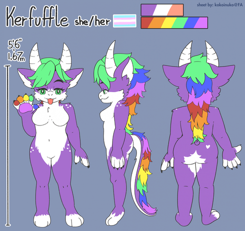 reference sheet of a fem-presenting furred dragon, her fur is mostly purple and white, she has rainbow pawpads and a continuous strand of rainbow hair starting at bangs and ending on a tail. she's 5'6, or 1,67m tall (without horns). the sheet shows views from front, side and back, alongside her name, pronouns, trans flag and color palettes for body and hair