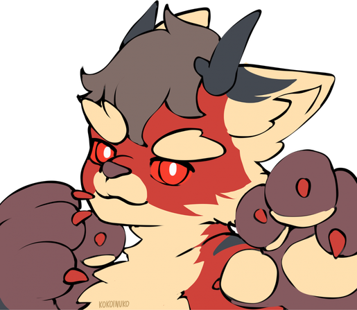 colored but unshaded bust of a red tiger with half of his fur beige (ears, brows, mouth and tummy), he also has a few black stripes on ears and shoulders. he raises his big fluffy paws, that are sort of reddish brown. he also has black antlers, a brown hair tuft and bright red eyes with sclera of the same color