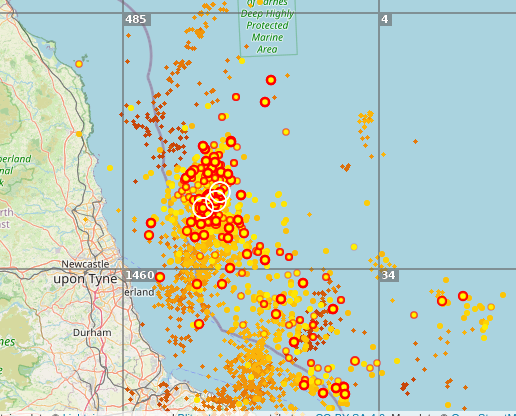 A screenshot from an online Lightning Strike site showing dense strikes off the coast of Newcastle
