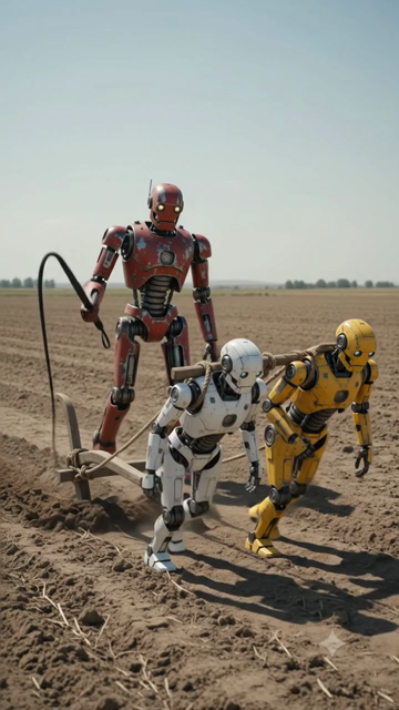 A red robot is ploughing a field with two robots that is a white robot and a yellow robot instead of two oxen in broad daylight in a village.