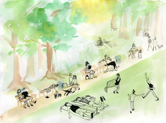 An older illustration : Several people in a Parc in summer. Some are resting on towels, others lounge on benches, some play football. it is painted in ecoline, a saturated type of ink, and the people are drawn in black ink.