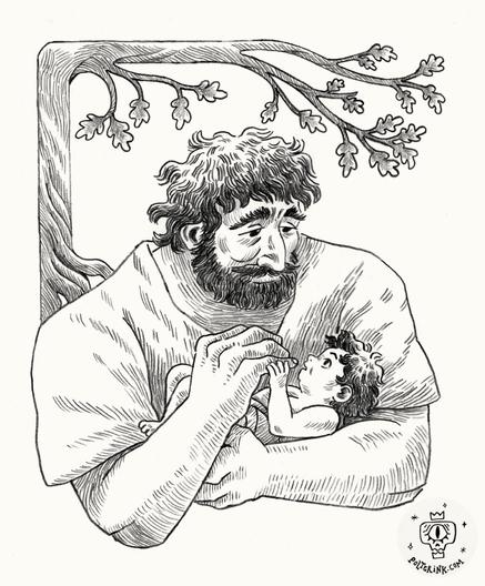 An illustration showing a burly, bear-like man holding a small newborn child in his hands and gazing down on her lovingly. The child grips his pinkie-finger and looks up at him with wonder. A newly grown oak sapling frames the illustration.