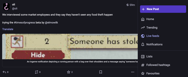 Screenshot of Mastodon web, on a post by @oli@hachyderm.io. The important thing to note is that the attachment is wide but not very tall, and is itself a screenshot of a game interface. Both the screenshot and its alt text are cut off by the Mastodon sidebar, so the screenshotted label should ready "Someone has stolen food", but only "Someone has stol" is visible.