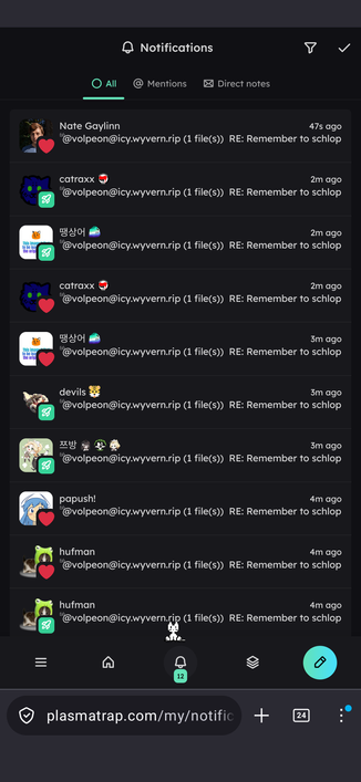 Sharkey notification menu showing 12 new reactions for the exact same post, because volpeon boosted it.
