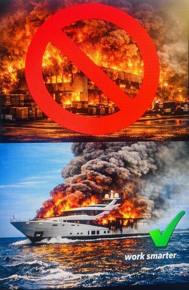 Two frame AI generated image.

Top: burning warehouse. The fire is engulfing surrounding shipping containers. Superimposed over top is a Do Not crossed circle icon.

Bottom: enormous yacht on fire. Superimposed in the lower right corner is a large Green Check Mark. Below the check mark are the works "work smarter".