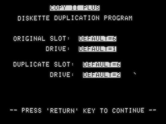 screenshot of "Copy II Plus Diskette Duplication Program" with slot/drive options and nothing else
