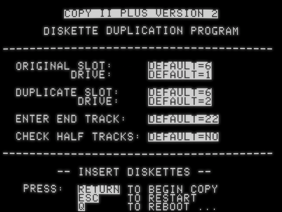 screenshot of "Copy II Plus Version 2 Diskette Duplication Program" with slot/drive, end track, and half track options